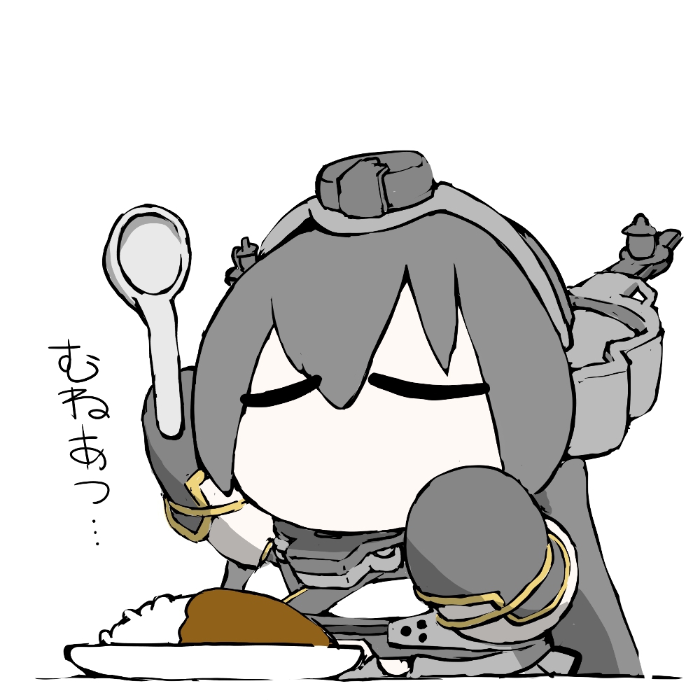 1girl black_gloves black_hair chibi commentary_request cowboy_shot curry curry_rice closed_eyes food gloves headgear holding kantai_collection long_hair nagato_(kancolle) no_mouth plate pleated_skirt rice simple_background skirt solo spoon task_(s_task80) two-tone_shirt white_background white_skirt