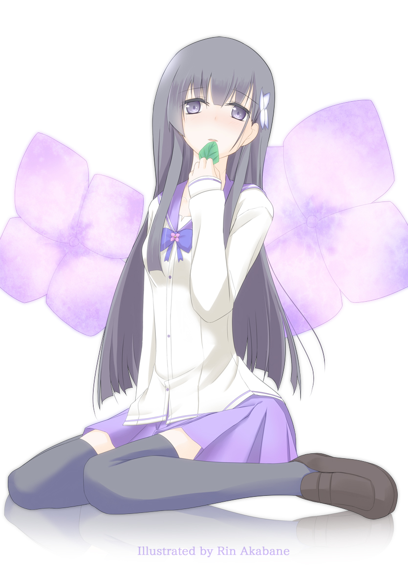 10s 1girl akabane_rin artist_name bad_id bad_pixiv_id black_hair black_thighhighs blue_hair blush bow bowtie female_focus flower hair_flower hair_ornament hydrangea kneeling leaf loafers long_hair looking_at_viewer sanka_rea sankarea school_uniform serafuku shoes skirt solo thighhighs zettai_ryouiki