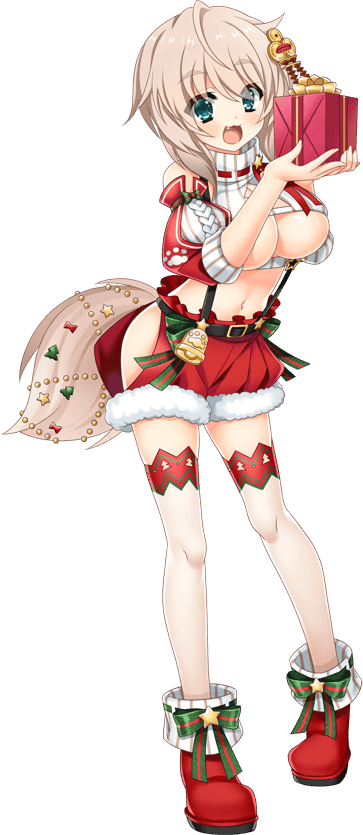 1girl :3 bare_shoulders bell blush boots breasts bursting_breasts christmas christmas_present detached_sleeves dog_tail fang full_body gift green_eyes hair_ornament holding holding_gift katagiri_hinata large_breasts light_brown_hair maeda_matazaemon_wanko_toshie navel open_mouth ribbon sengoku_koihime short_hair smile solo standing tail thighhighs thighs transparent_background underboob zettai_ryouiki