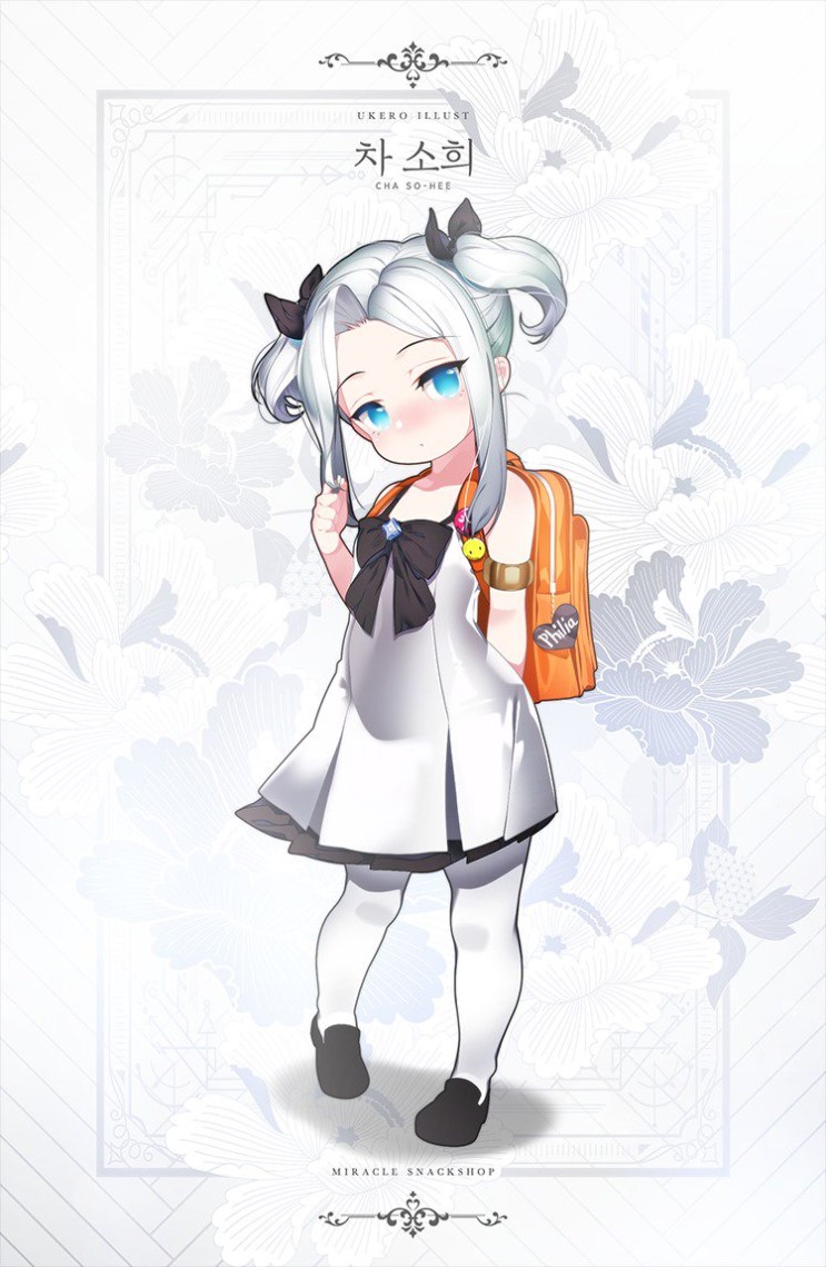 1girl backpack bag blue_eyes blush child double_bun dress full_body hair_bun korean_text looking_at_viewer miracle_snack_shop parted_bangs philia_salis randoseru ribbon sleeveless sleeveless_dress solo thighhighs ukero white_dress