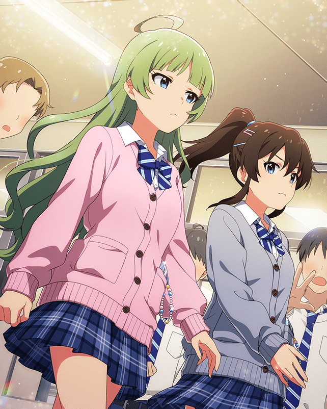 2girls black_cardigan blue_eyes blue_skirt blush bow bowtie brown_hair card_(medium) cardigan ceiling_light faceless green_hair idolmaster idolmaster_million_live! idolmaster_million_live!_theater_days multiple_girls necktie official_art pink_cardigan plaid_clothes plaid_skirt ponytail satake_minako shimabara_elena skirt