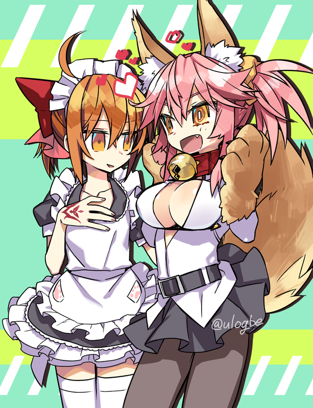 2girls ahoge animal_ear_fluff animal_ears animal_hands apron bell belt black_dress black_pantyhose black_skirt blush bow breasts chaldea_uniform cleavage collar cosplay costume_switch dress fate/grand_order fate_(series) fox_ears fox_girl fox_tail frills fujimaru_ritsuka_(female) fujimaru_ritsuka_(female)_(cosplay) gloves hair_between_eyes hair_bow hair_ornament hair_scrunchie jingle_bell large_breasts long_hair long_sleeves looking_at_another medium_breasts multiple_girls neck_bell negi_(ulog&#039;be) one_side_up open_mouth orange_eyes orange_hair orange_scrunchie pantyhose paw_gloves pink_hair ponytail puffy_short_sleeves puffy_sleeves red_bow scrunchie shirt short_hair short_sleeves sidelocks skirt smile tail tamamo_(fate) tamamo_cat_(fate) tamamo_cat_(fate)_(cosplay) tamamo_cat_(second_ascension)_(fate) thighhighs thighs white_apron white_shirt white_thighhighs yellow_eyes