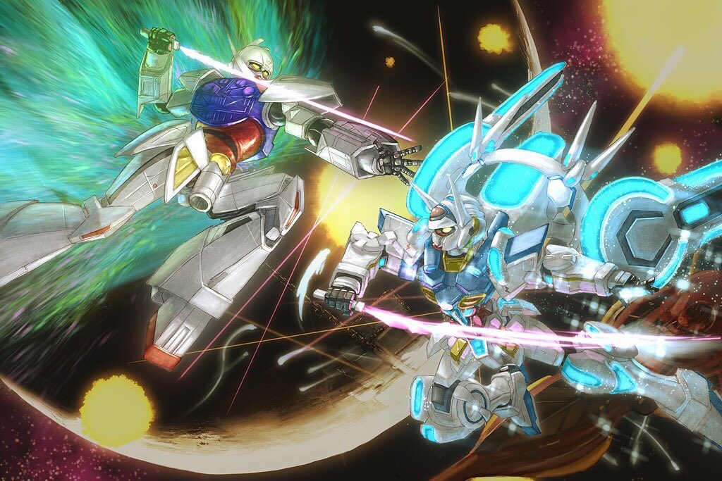 artist_progress energy_sword explosion facial_hair fighting flying g-self gundam gundam_g_no_reconguista holding holding_sword holding_weapon horns mecha mustache no_humans open_hand robot sword totthii0081 turn_a_gundam turn_a_gundam_(mobile_suit) weapon