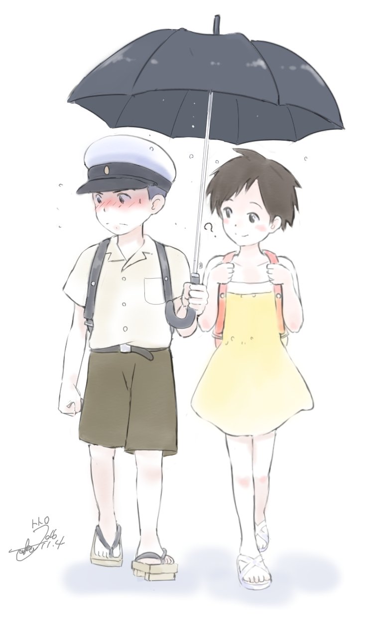 1boy 1girl ? backpack bag black_hair blush brown_hair child dated dress embarrassed geta hat highres holding holding_umbrella kusakabe_satsuki looking_at_another looking_away looking_to_the_side muted_color oogaki_kanta original rain sandals short_hair shorts signature simple_background sleeveless sleeveless_dress smile sweatdrop taka_(tsmix) tonari_no_totoro umbrella walking water_drop white_background