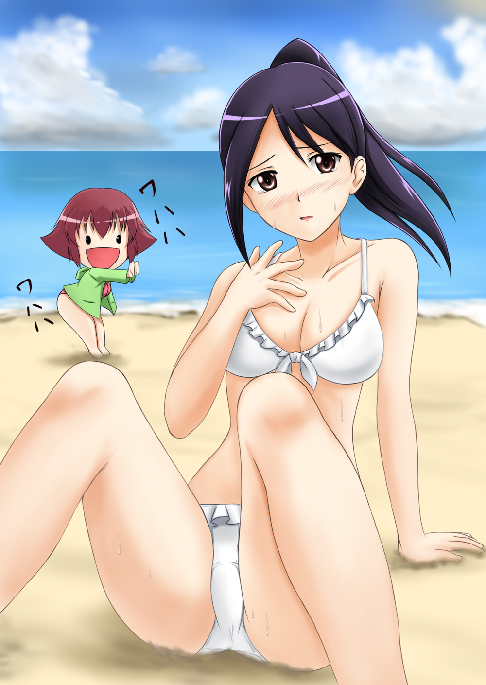 2girls beach bikini black_eyes black_hair catchphrase chibi dancing day fuuma_nagi highres jinrui_wa_suitai_shimashita kanbara_satomi multiple_girls parody ponytail saki_(manga) swimsuit tsuyama_mutsuki