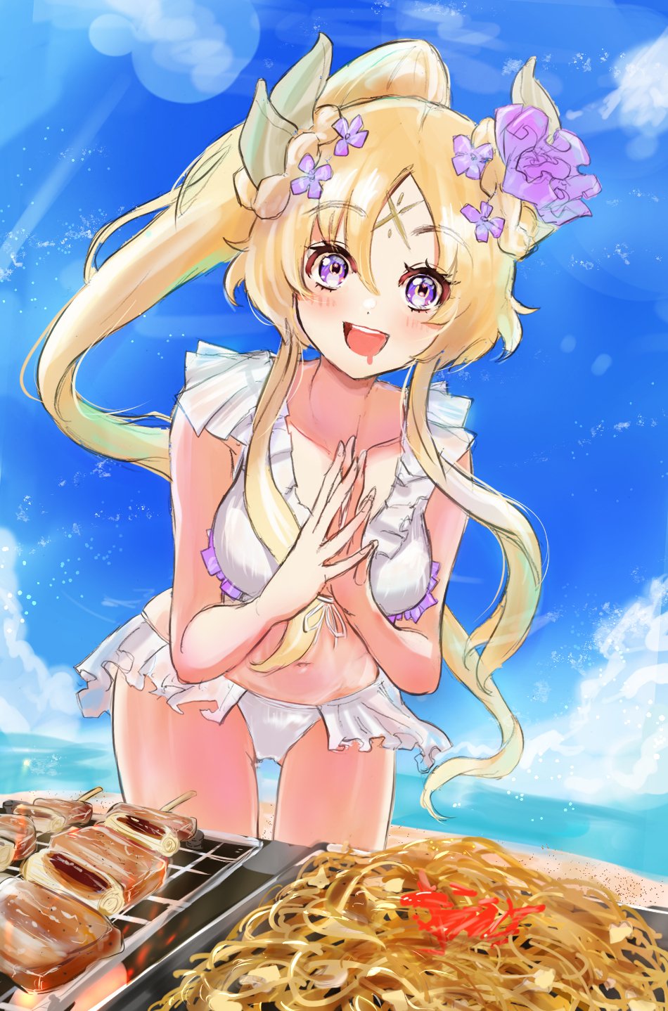 1girl beach bikini blonde_hair blue_sky breasts collarbone cowboy_shot duel_monster ecclesia_(yu-gi-oh!) frilled_bikini frills grill high_ponytail highres large_breasts long_hair noppe ocean purple_eyes saliva sand sky solo sunlight swimsuit white_bikini yu-gi-oh!