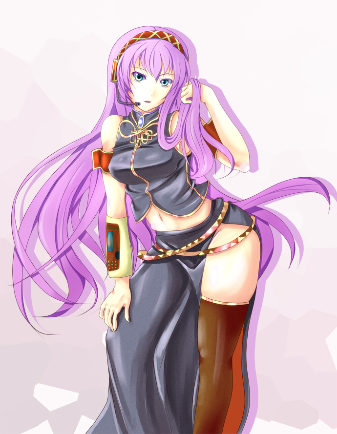 1girl armband bare_shoulders belt blue_eyes breasts detached_sleeves female_focus green_nails hairband headset long_hair megurine_luka nail_polish navel oimari pink_hair side_slit solo thighhighs vocaloid