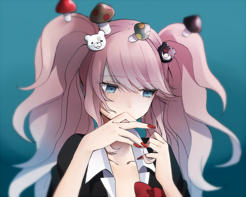 10s 1girl bad_id bad_pixiv_id blue_eyes collarbone danganronpa:_trigger_happy_havoc danganronpa_(series) enoshima_junko female_focus hair_ornament hairclip mushroom nail_polish pink_hair ringed_eyes solo spoilers tears tomari_(veryberry00)