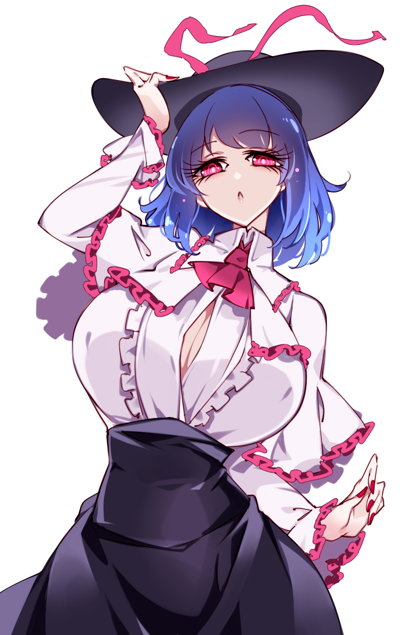 1girl arm_up ascot black_hat black_skirt blue_hair breasts capelet collared_shirt cowboy_shot eyelashes fingernails frills hand_on_headwear hand_up hat high-waist_skirt highres large_breasts long_fingernails long_sleeves looking_at_viewer nagae_iku nail_polish open_mouth pink_ascot pink_eyes raptor7 red_nails shirt short_hair simple_background skirt solo standing touhou white_background white_capelet white_shirt