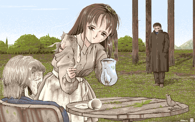 1boy 1girl brown_hair coat dilapidated dress garasu_no_mukuro grass grey_dress holding holding_teapot outdoors overgrown pc-98_(style) skeleton smile table tea_set teapot tree yukiyoshi