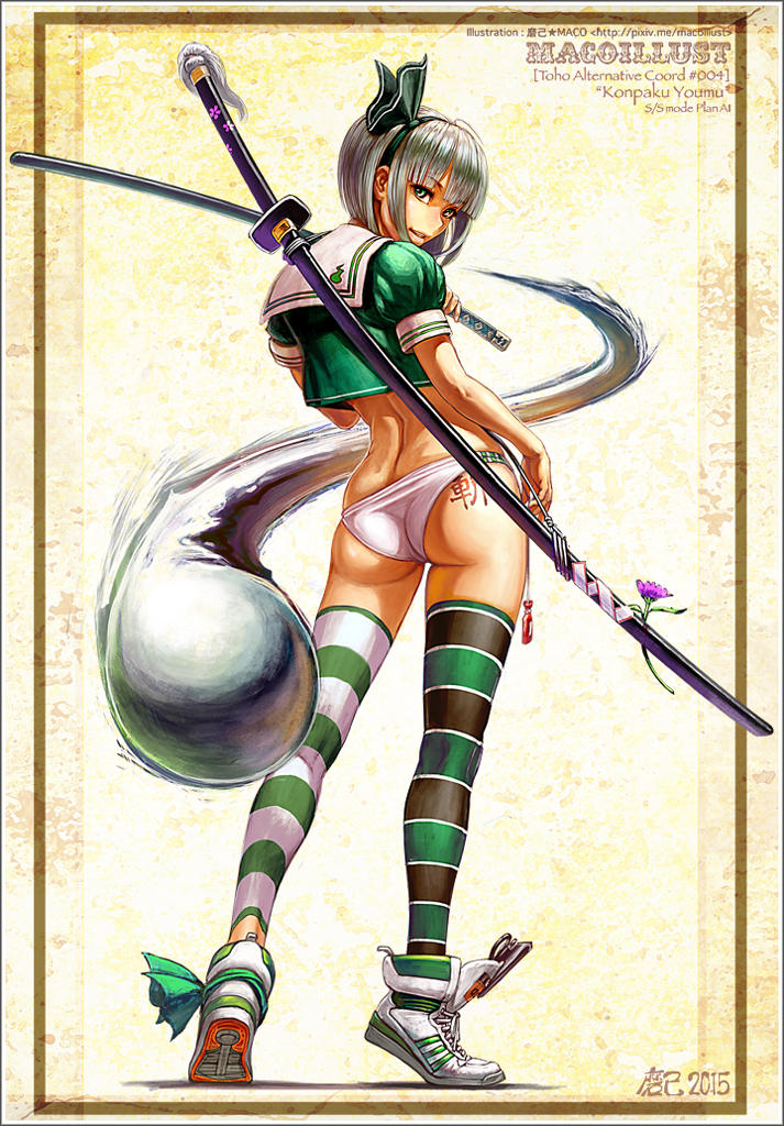 1girl ass asymmetrical_legwear back bad_id bad_pixiv_id black_thighhighs crop_top dated female_focus framed green_eyes hair_ribbon katana konpaku_youmu konpaku_youmu_(ghost) looking_at_viewer looking_back maco_(macoillust) no_pants panties puffy_short_sleeves puffy_sleeves ribbon short_sleeves silver_hair solo striped_clothes striped_thighhighs sword tattoo thighhighs touhou underwear uneven_legwear weapon white_panties