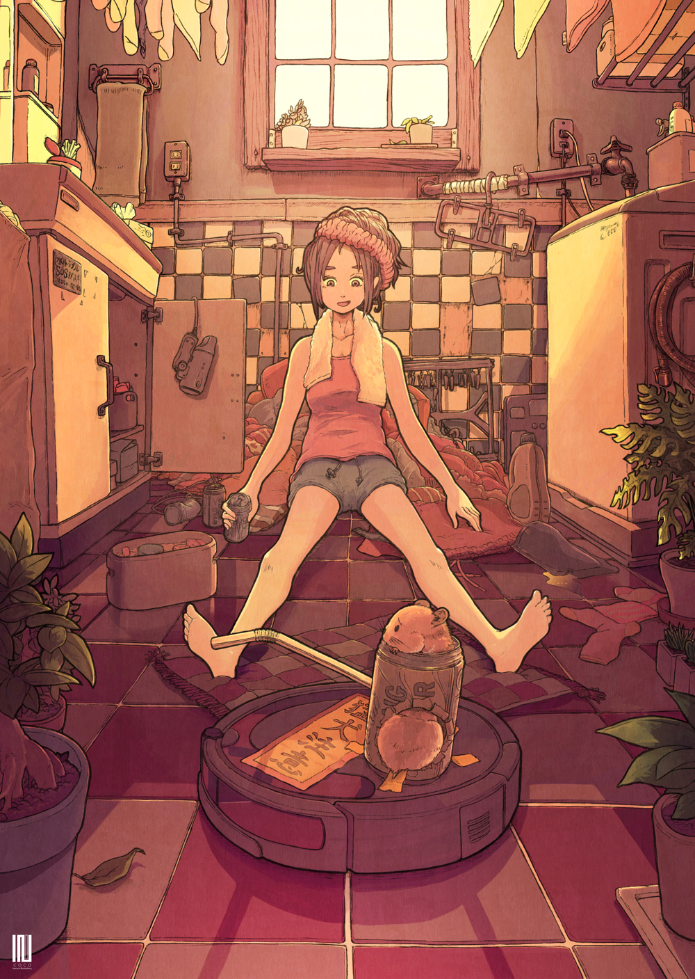 1girl bare_legs barefoot brown_eyes brown_hair cabinet can glowing grey_shorts highres holding holding_can industrial_pipe inukoko leaf open_mouth original pink_tank_top plant potted_plant reflection shorts sitting smile solo tank_top tile_floor tile_wall tiles towel wide_shot window