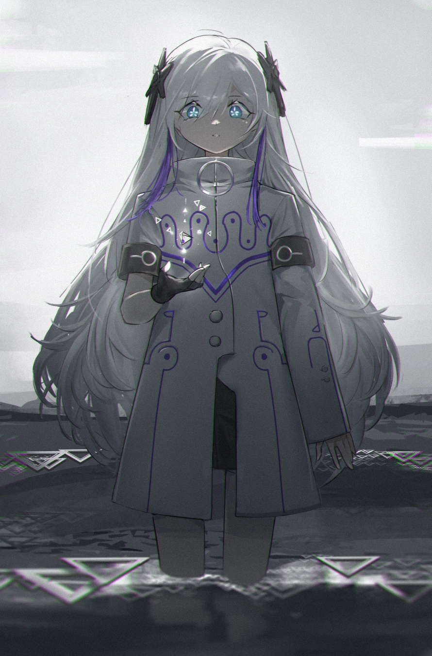 1girl asymmetrical_sleeves bare_legs cevio coat gloves grey_background hair_ornament highres isekaijoucho kamitsubaki_studio long_hair long_sleeves looking_at_viewer magic multicolored_hair sekai_(cevio) shiraishi_kanoya short_sleeves single_glove solo streaked_hair triangle very_long_hair virtual_youtuber white_hair wide-eyed