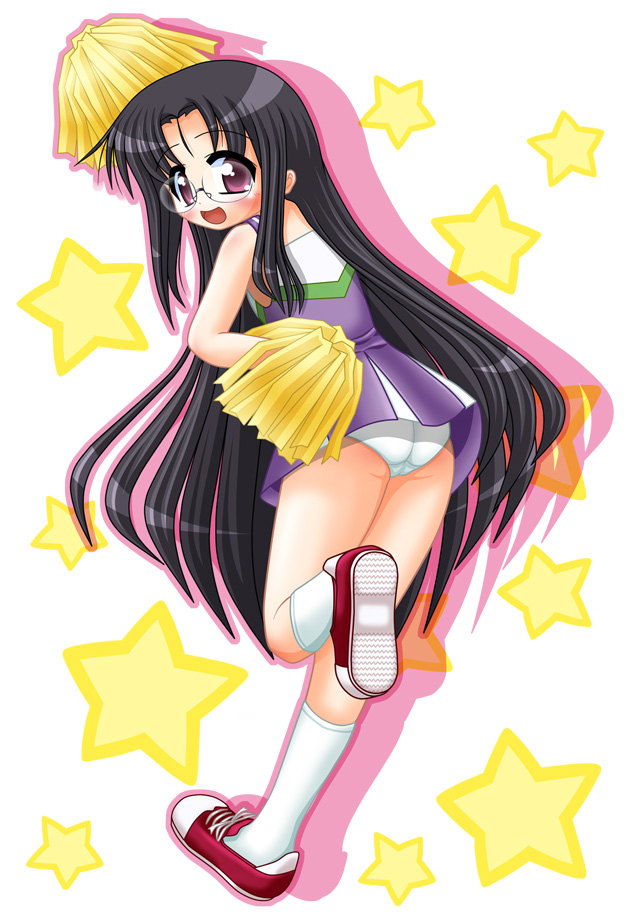 00s 1girl ass black_hair blush cameltoe cheerleader female_focus from_behind glasses long_hair looking_back lucky_star panties pantyshot purple_eyes shirai_daizu solo tamura_hiyori thighs underwear upskirt white_panties