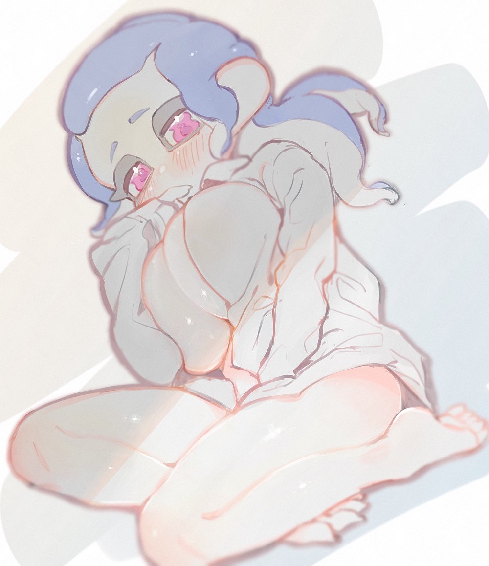 1girl bare_legs blue_hair bottomless breasts doro_mizu_831 large_breasts legs nintendo octoling_player_character pink_eyes shirt solo splatoon_(series) white_shirt