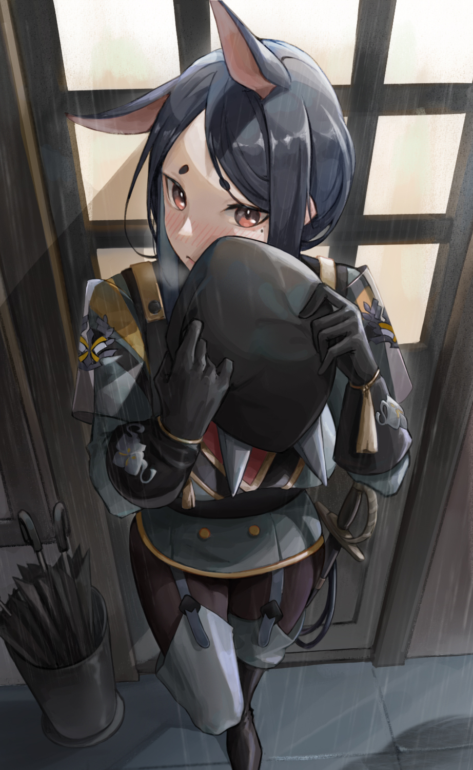 1girl against_door animal_ears arknights black_gloves black_hair black_hat black_pantyhose blush boots breasts brown_eyes closed_umbrella dobermann_(arknights) dobermann_(lieutenant)_(arknights) dog_ears emblem garter_straps gloves grey_footwear hat highres holding holding_hat holding_unworn_clothes large_breasts leg_up long_hair long_sleeves looking_at_viewer military military_uniform mole mole_under_eye nose_blush official_alternate_costume outdoors pantyhose rain sama_(sama24654684) solo standing standing_on_one_leg swept_bangs tassel thigh_boots thighhighs umbrella umbrella_stand unworn_hat unworn_headwear