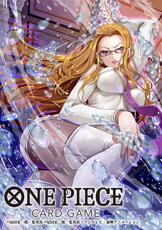 1girl blonde_hair commentary_request copyright_name dress earrings floating_hair glasses indoors jewelry kalifa_(one_piece) long_hair long_sleeves necktie official_art one_piece one_piece_card_game pantyhose pearl_earrings purple_eyes purple_necktie short_dress solo tsurugi_hagane water white_dress white_footwear