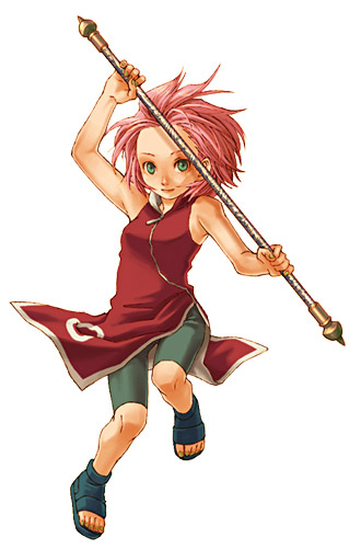 full_body green_eyes haruno_sakura holding kobashi lowres naruto naruto_(series) pink_hair simple_background solo two-handed white_background