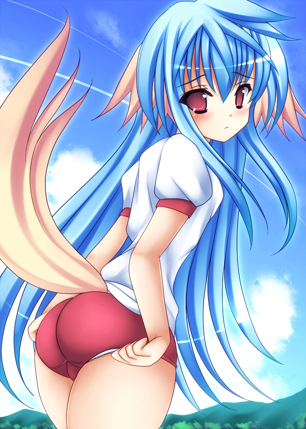 1girl adjusting_buruma adjusting_clothes animal_ears ass bad_id bad_pixiv_id blue_hair blush buruma female_focus gym_uniform long_hair looking_back mikan_(5555) nursery_rhyme red_eyes shikishima_krile solo tail very_long_hair