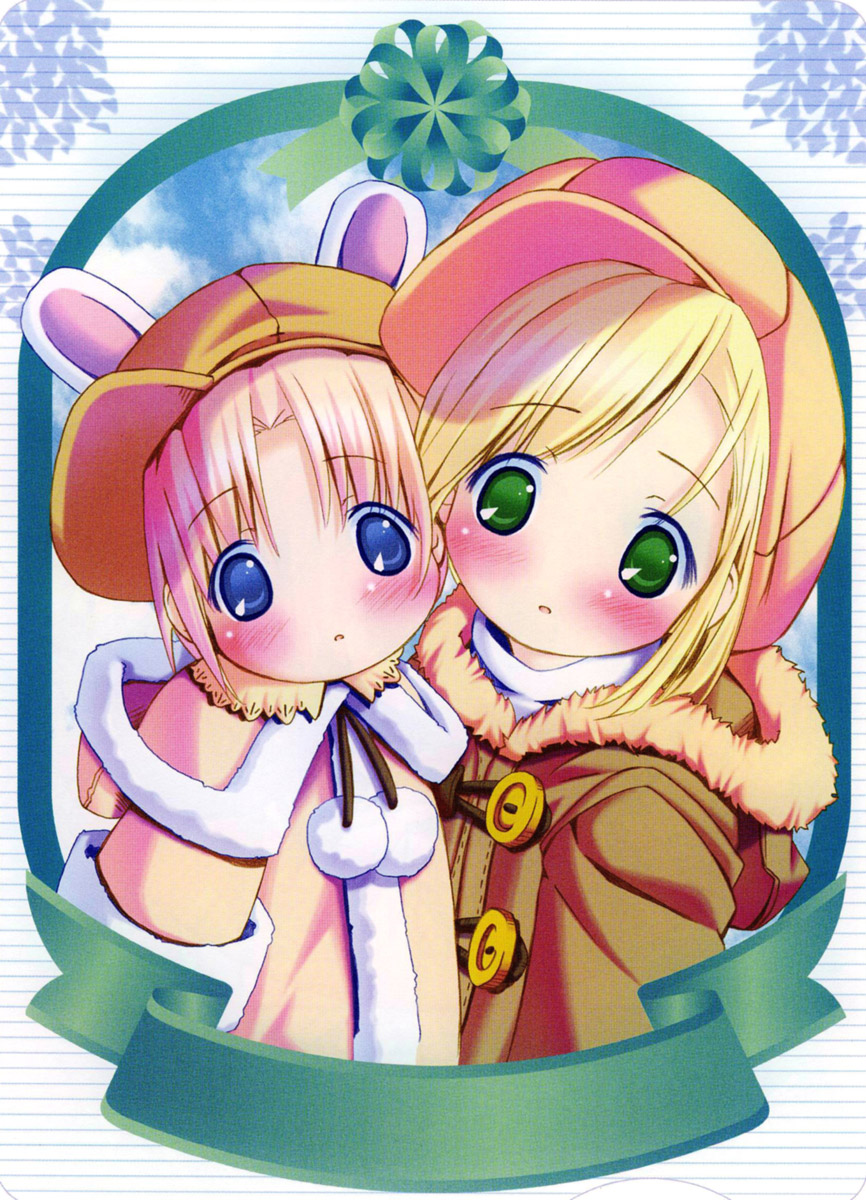 2girls :3 animal_ears blonde_hair blue_eyes coat green_eyes hat highres multiple_girls open_mouth pop