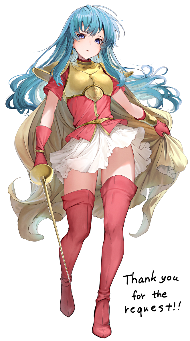 1girl aqua_hair armor blue_eyes boots breastplate cape closed_mouth earrings eirika_(fire_emblem) english_text fingerless_gloves fire_emblem fire_emblem:_the_sacred_stones full_body gloves haru_(nakajou-28) holding holding_cape holding_sword holding_unworn_clothes holding_weapon jewelry long_hair looking_at_viewer nintendo pauldrons rapier red_footwear red_gloves red_shirt shirt short_sleeves shoulder_armor sidelocks skirt solo sword thank_you thigh_boots weapon white_background white_skirt