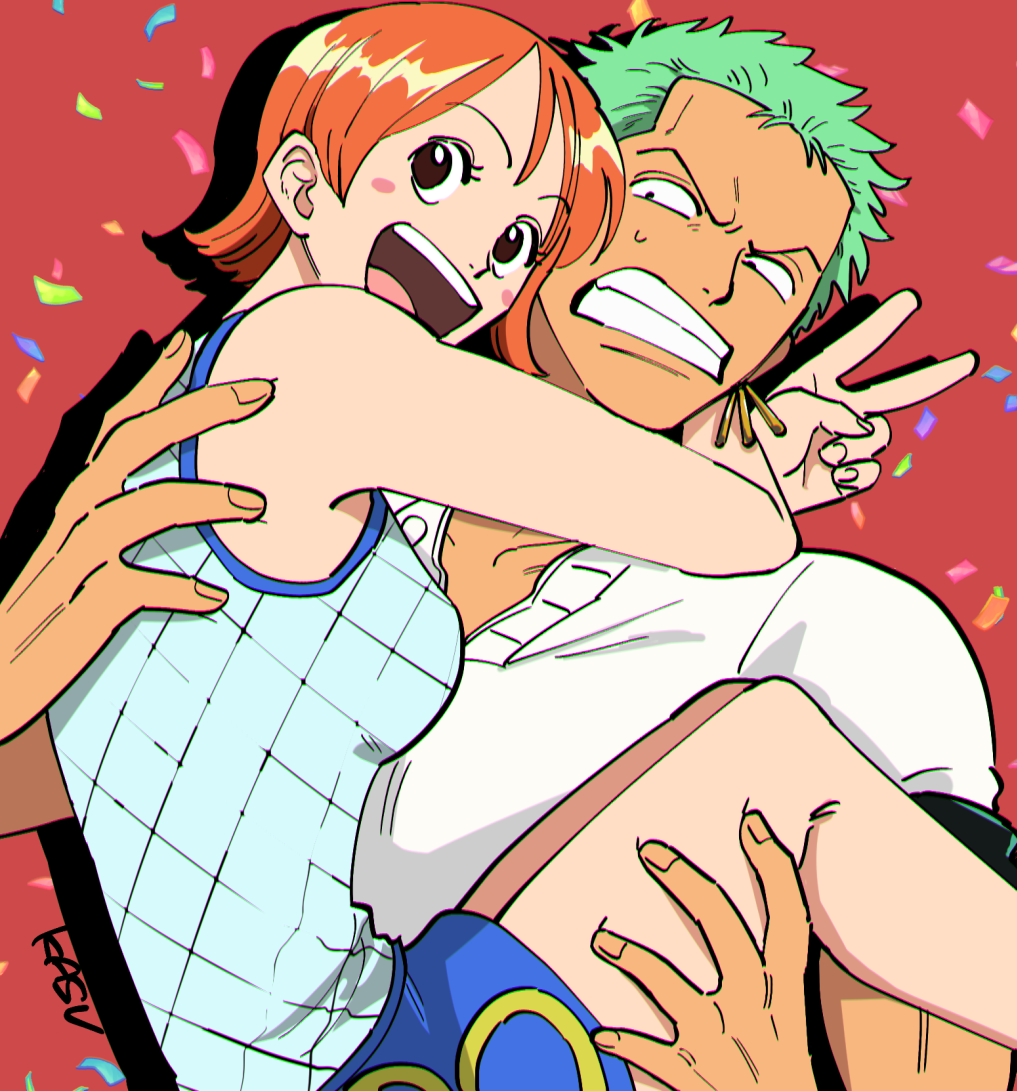 1boy 1girl bare_shoulders blue_skirt breasts brown_eyes carrying collarbone commentary_request confetti duplicate earrings gold_earrings green_hair jewelry kasuga_akira looking_at_another medium_breasts nami_(one_piece) one_piece open_mouth orange_hair princess_carry roronoa_zoro shirt short_hair skirt sweatdrop teeth upper_body upper_teeth_only v white_shirt