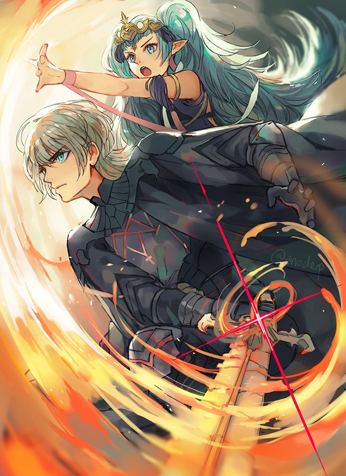 1boy 1girl anocurry armor black_armor black_cape braid byleth_(fire_emblem) byleth_(male)_(fire_emblem) cape closed_mouth fire_emblem fire_emblem:_three_houses green_eyes green_hair holding holding_sword holding_weapon long_hair nintendo open_mouth pointy_ears short_hair sothis_(fire_emblem) sword tiara twitter_username weapon