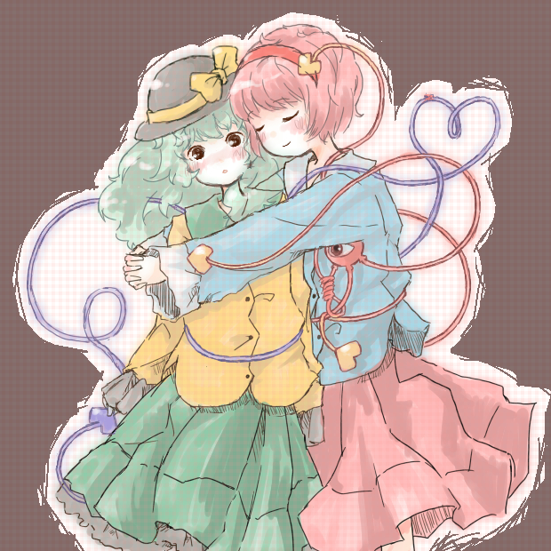 2girls bad_id bad_pixiv_id blush closed_eyes female_focus heart heart_of_string hozumiare hug komeiji_koishi komeiji_satori multiple_girls pyon2sy siblings sisters touhou