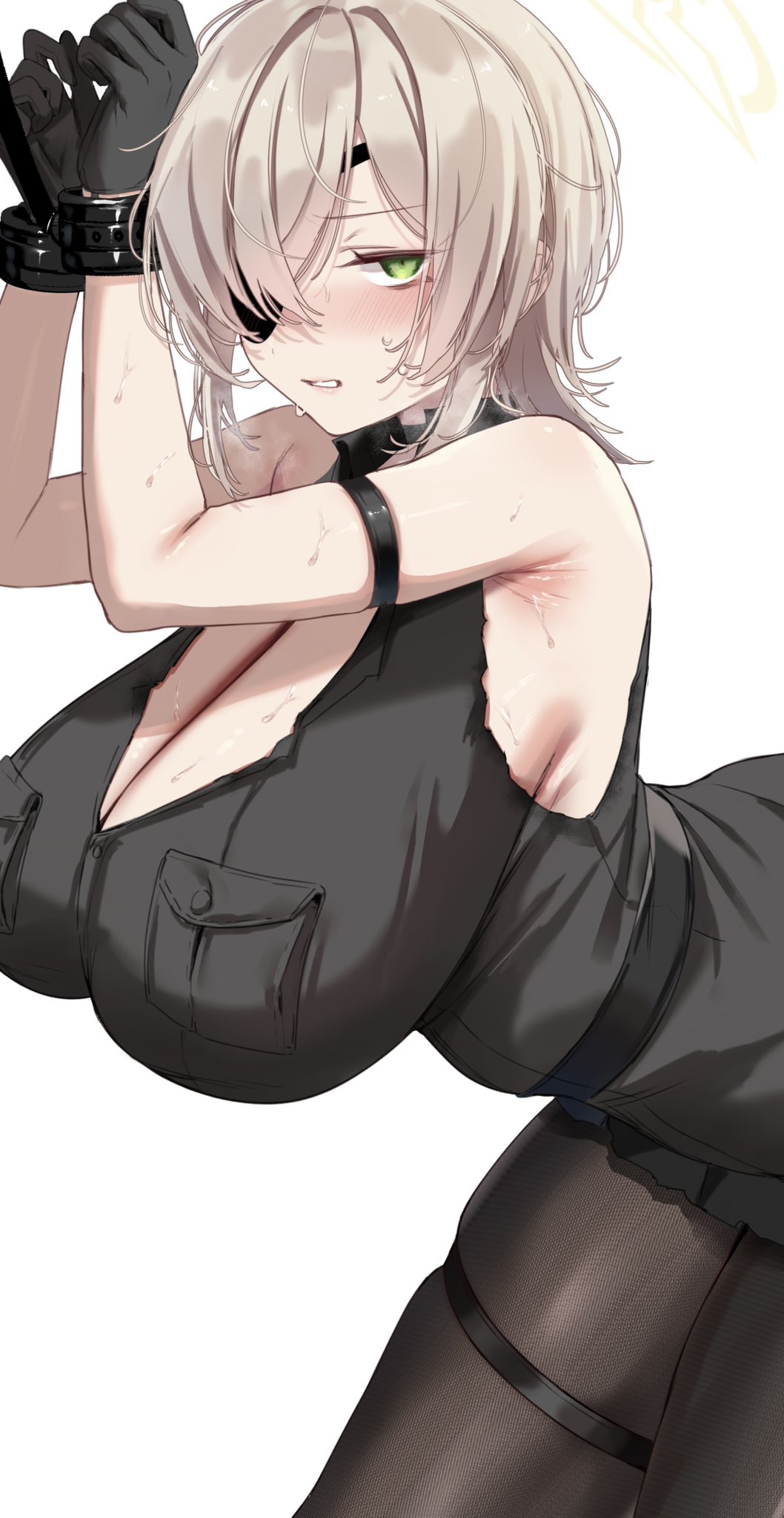 1girl arm_strap armpits arms_up belt bent_over bishooji black_gloves black_pantyhose blonde_hair blue_archive blush breasts cleavage cuffs eyepatch gloves green_eyes halo highres huge_breasts pantyhose parted_lips pouch shirt short_hair simple_background sleeveless sleeveless_shirt solo suou_(blue_archive) sweat white_background