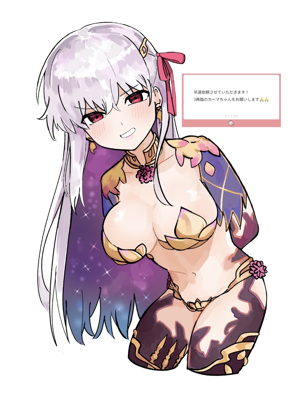 1girl arms_behind_back breasts cropped_legs earrings fate/grand_order fate_(series) grey_hair hair_ribbon highres jewelry kama_(fate) kama_(third_ascension)_(fate) large_breasts long_hair marshmallow_(site) navel nyokinyoki_18 red_eyes ribbon smile starry_hair white_background