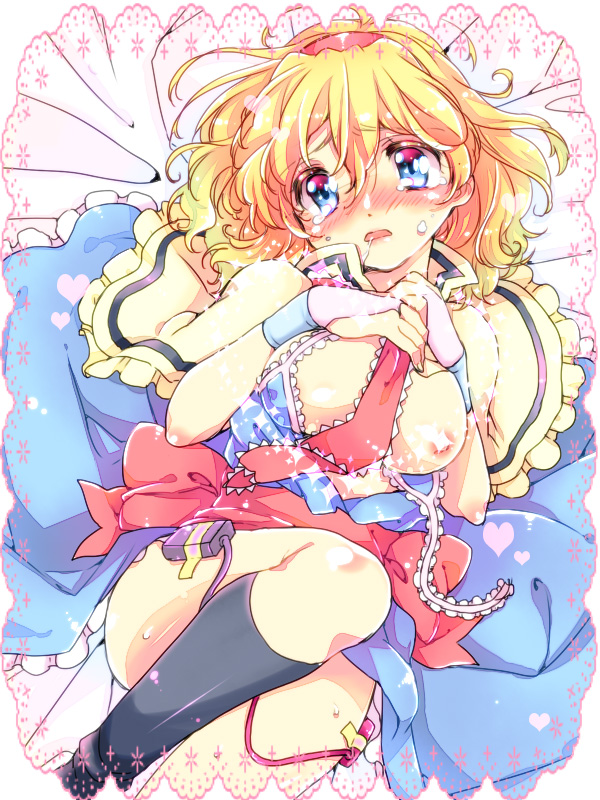 1girl alice_margatroid black_socks blonde_hair blue_eyes blush bra breasts capelet chigo egg_vibrator female_focus hairband kneehighs large_breasts lingerie looking_at_viewer lying nipples on_back sex_toy socks solo sweat tears touhou underwear vibrator