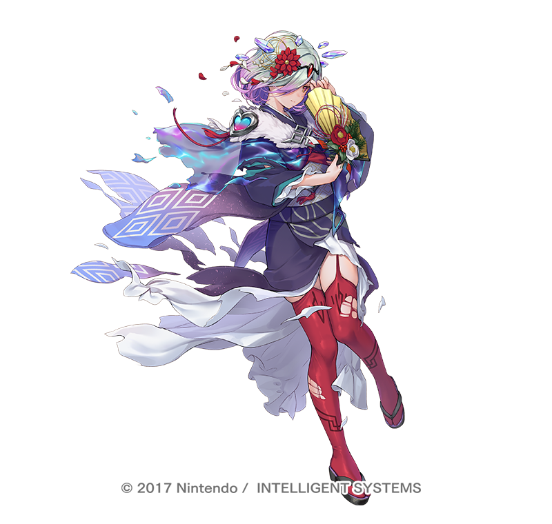 1girl copyright_notice crystal damaged fire_emblem fire_emblem_heroes flower full_body green_eyes grey_hair hair_flower hair_ornament hand_fan holding holding_fan japanese_clothes kimono kvasir_(fire_emblem) kvasir_(unknown_future)_(fire_emblem) ne-on nintendo official_alternate_costume official_art paper_fan short_hair simple_background solo torn_clothes white_background