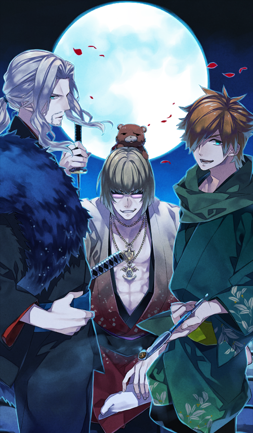 3boys abs beard black_kimono blonde_hair blue_eyes blue_sash bob_cut cowboy_shot curtained_hair facial_hair fate/grand_order fate_(series) full_moon goatee gold_necklace green_kimono green_sash green_scarf holding holding_smoking_pipe holding_sword holding_weapon japanese_clothes jewelry katana kimono long_hair low_ponytail male_focus moon multiple_boys necklace night night_sky on_head one_eye_covered open_clothes open_kimono orange_hair orion_(bear)_(fate) pectorals petals ponytail purple-tinted_eyewear red_kimono robin_hood_(beasts_under_the_moon)_(fate) robin_hood_(fate) sakata_kintoki_(beasts_under_the_moon)_(fate) sakata_kintoki_(fate) sash scarf sheath short_hair sidelocks sky smoking_pipe stuffed_animal stuffed_toy sunglasses sword teddy_bear teita_(88_taho) tinted_eyewear vlad_iii_(beasts_under_the_moon)_(fate) vlad_iii_(fate/apocrypha) weapon