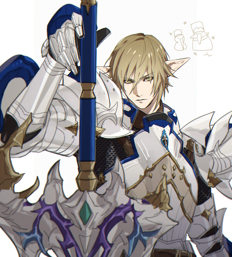 1boy armor blonde_hair breastplate chainmail elezen elf final_fantasy final_fantasy_xiv gauntlets greatsword green_eyes holding holding_sword holding_weapon looking_at_viewer male_focus paladin_(final_fantasy) pauldrons pointy_ears short_hair shoulder_armor simple_background solo sword upper_body weapon white_background yomo_(ym) zephirin_de_valhourdin