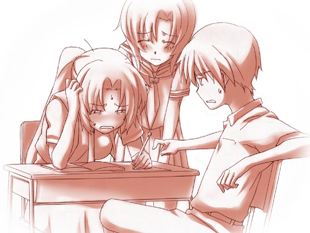 00s 1boy 2girls desk game_cg higurashi_no_naku_koro_ni maebara_keiichi monochrome multiple_girls non-web_source notebook official_art pen pink_theme rato ryuuguu_rena school_uniform serafuku sonozaki_mion