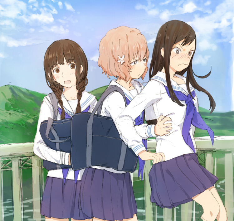 3girls bag blush braid brown_eyes brown_hair closed_mouth hair_over_shoulder hanasaku_iroha holding holding_bag long_hair matsumae_ohana mitosa multiple_girls open_mouth oshimizu_nako outdoors pleated_skirt purple_skirt railing school_uniform short_hair skirt torso_grab tsurugi_minko twin_braids