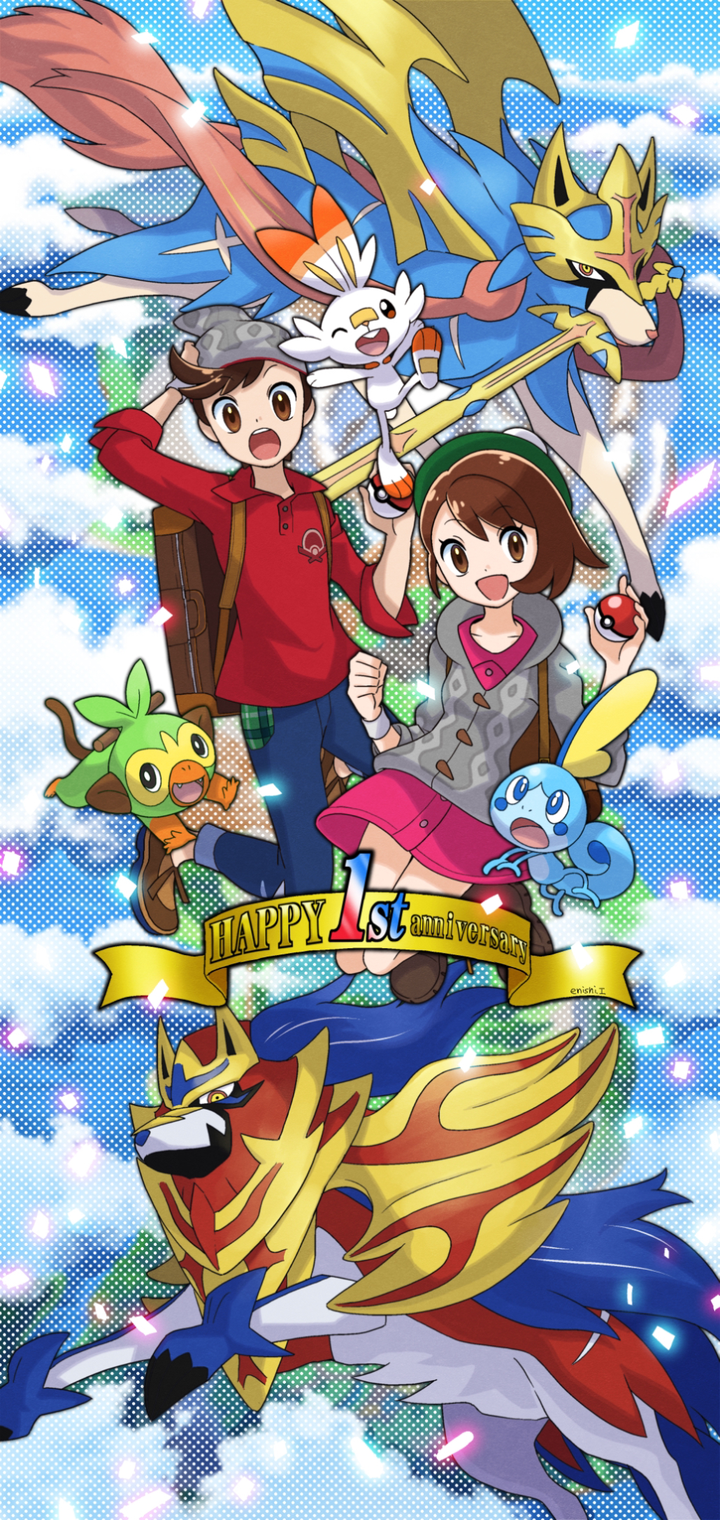 1boy 1girl :d :o backpack bad_id bad_pixiv_id bag blue_sky brown_hair cloud cloudy_sky commentary commentary_request creature creatures_(company) day dog english_commentary english_text game_freak gen_8_pokemon gloria_(pokemon) grookey hat highres holding holding_poke_ball legendary_pokemon looking_at_viewer monkey nintendo one_eye_closed open_mouth outdoors poke_ball poke_ball_(basic) pokemon pokemon_(creature) pokemon_swsh rabbit scorbunny sky smile sobble victor_(pokemon) yukari_(yukari21653710) zacian zacian_(crowned) zamazenta zamazenta_(crowned)