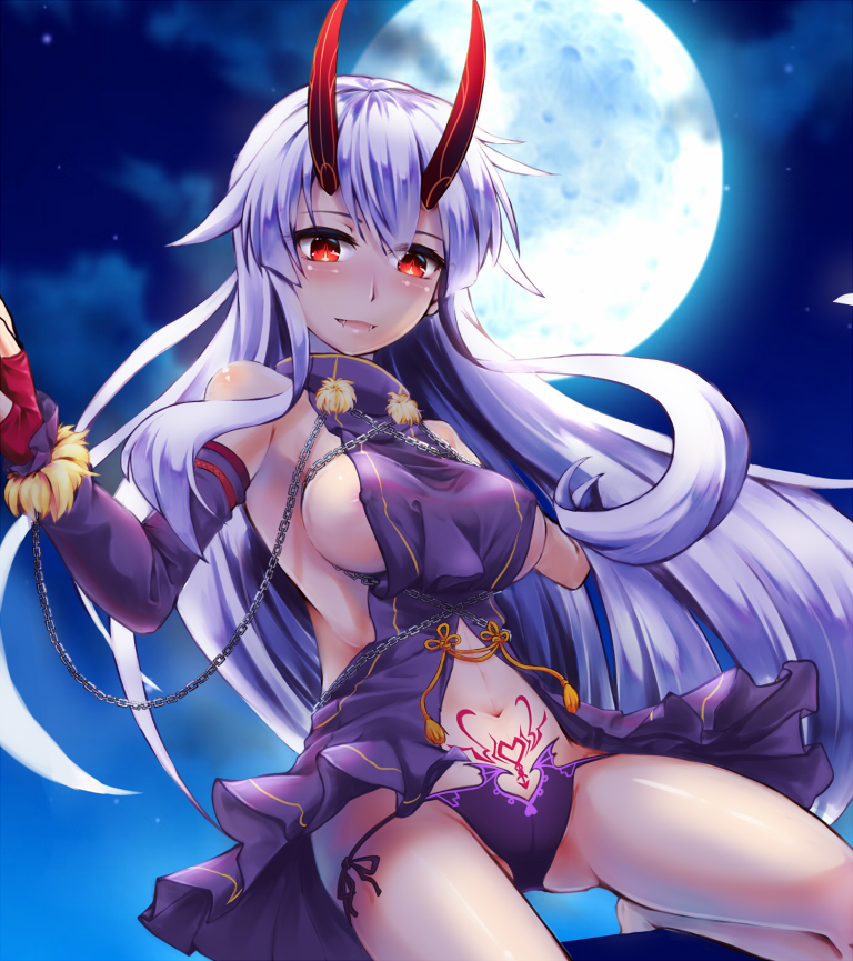 1girl blush breasts chain detached_sleeves covered_erect_nipples fate/grand_order fate_(series) full_moon horns killing large_breasts long_hair looking_at_viewer looking_down lowleg lowleg_panties moon navel night night_sky oni_horns panties pubic_tattoo red_eyes side-tie_panties sideboob silver_hair sky solo tattoo tomoe_gozen_(fate) underwear