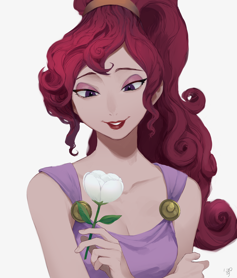 1girl collarbone crossed_arms curly_hair dress flower hercules_(disney) holding holding_flower lipstick makeup megara_(disney) pano_(mohayayamai) ponytail purple_dress purple_eyes red_hair simple_background smile solo upper_body white_background white_flower