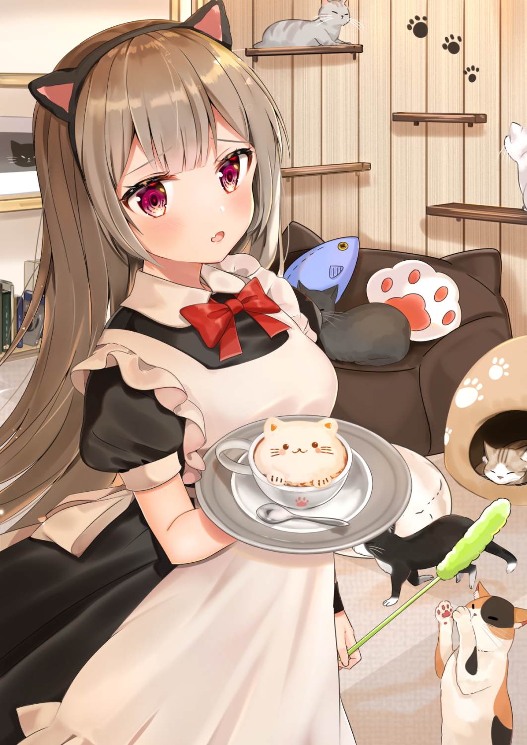 1girl :o animal animal_ears apron black_dress black_hairband blush bow bowtie breasts brown_hair cat cat_ears collared_dress commentary_request couch cup dress fake_animal_ears fang frilled_apron frills hairband highres holding holding_tray indoors katsushika_pachi long_hair looking_at_viewer maid maid_headdress original parted_lips plant puffy_short_sleeves puffy_sleeves purple_eyes red_bow red_bowtie saucer short_sleeves small_breasts solo spoon standing tray very_long_hair white_apron wooden_wall wrist_cuffs