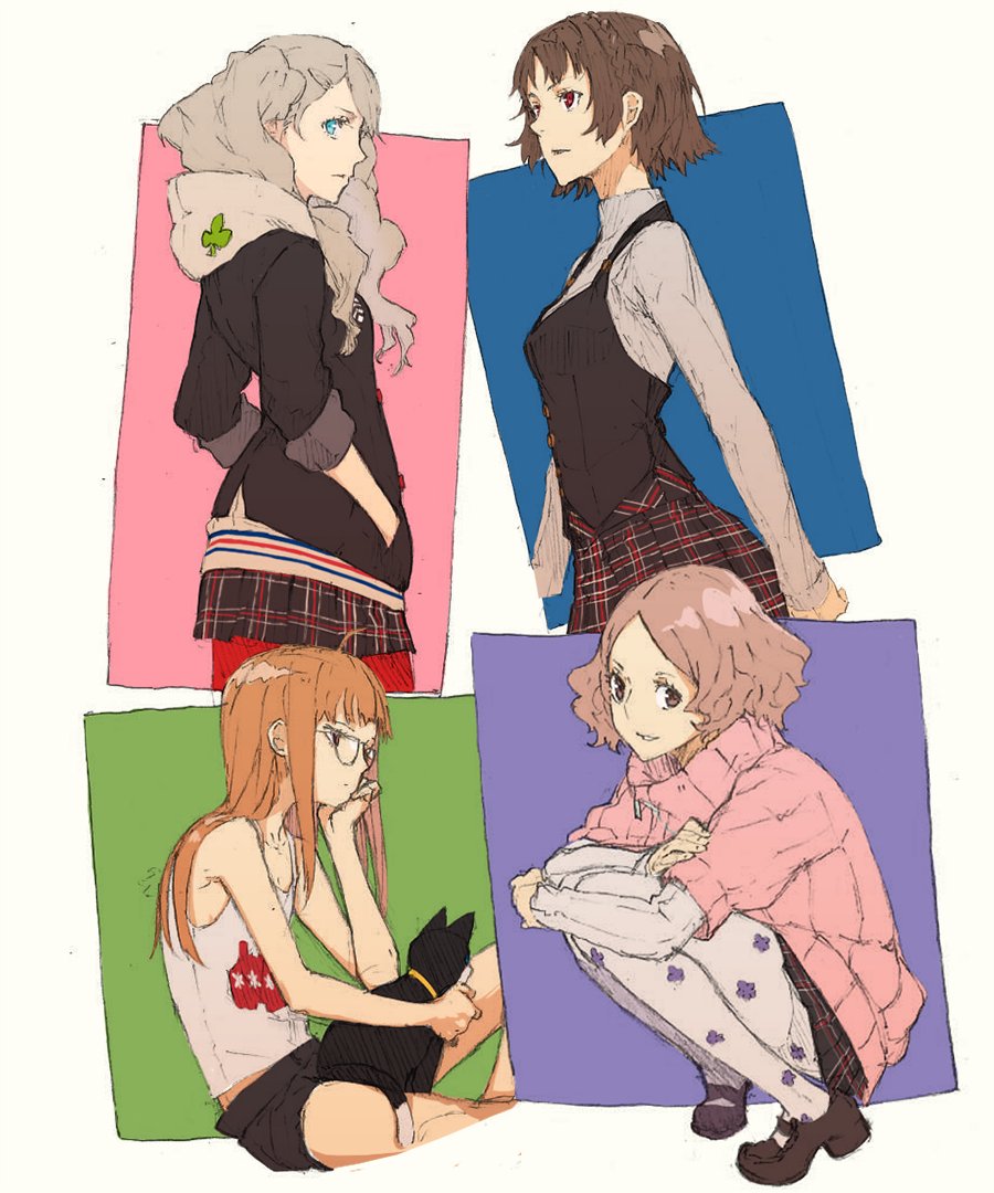 10s 4girls animal bare_shoulders braid brown_hair cat crown_braid green_eyes grey_hair hands_in_pockets hayami_ritsu hood hoodie morgana_(cat)_(persona_5) morgana_(persona_5) multiple_girls niijima_makoto okumura_haru pantyhose persona persona_5 plaid_clothes plaid_skirt red_eyes sakura_futaba skirt squatting takamaki_anne