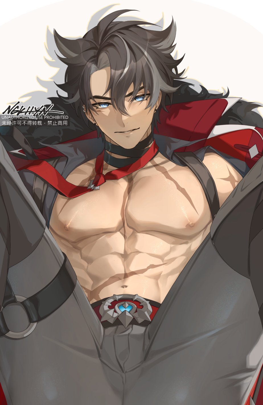 abs bara bare_pectorals black_choker black_hair blue_eyes chinese_text choker coat commentary ear_piercing earrings english_commentary english_text fur-trimmed_coat fur_trim genshin_impact grey_pants hair_between_eyes highres jewelry looking_at_viewer male_focus navel necktie ngkhyn nipples open_clothes pants pectorals piercing red_necktie scar scar_on_chest scar_on_neck scar_on_shoulder scar_on_stomach short_hair signature simple_background spread_legs white_background wriothesley_(genshin_impact)