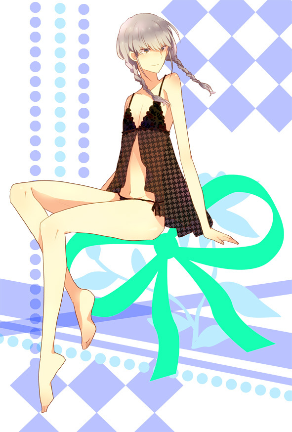 1boy atlus bad_id bad_pixiv_id barefoot braid crossdressing feet grey_hair legs lingerie male_focus narukami_yuu persona persona_4 solo tayako trap twin_braids underwear