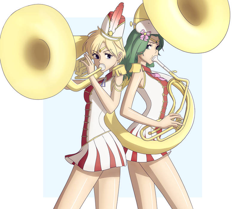 2girls blonde_hair blowing green_hair holding holding_instrument instrument multiple_girls sailor_moon sailor_neptune sailor_uranus sousaphone tuba bad_tag