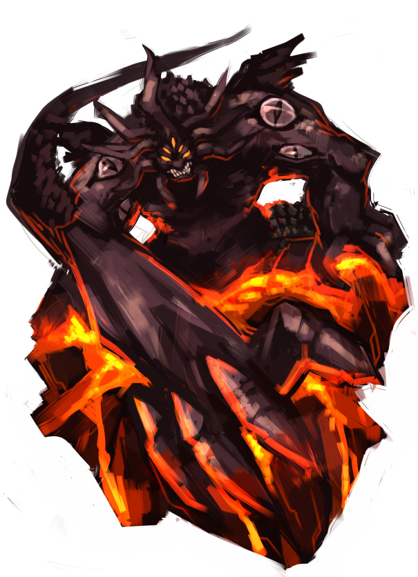 claws colored_sclera commentary_request emon-yu extra_eyes fire looking_at_viewer monster no_humans orange_sclera ragnarok_online satan_morroc simple_background white_background