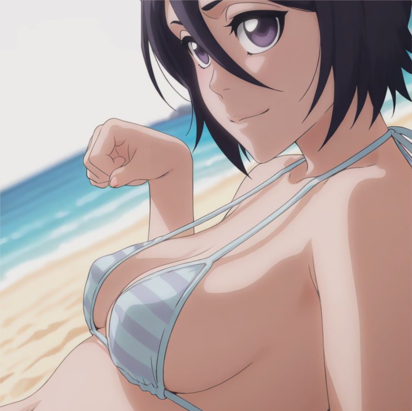 beach bikini blue_bikini blue_sky breasts day horizon kuchiki_rukia non-web_source ocean side-tie_bikini_bottom sky swimsuit water white_bikini