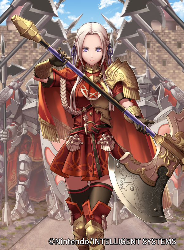 1girl armor army axe blonde_hair blue_eyes blunt_bangs cape dress edelgard_von_hresvelg fire_emblem fire_emblem:_three_houses fire_emblem_cipher hair_ribbon i-la long_hair nintendo official_art ribbon solo thighhighs weapon