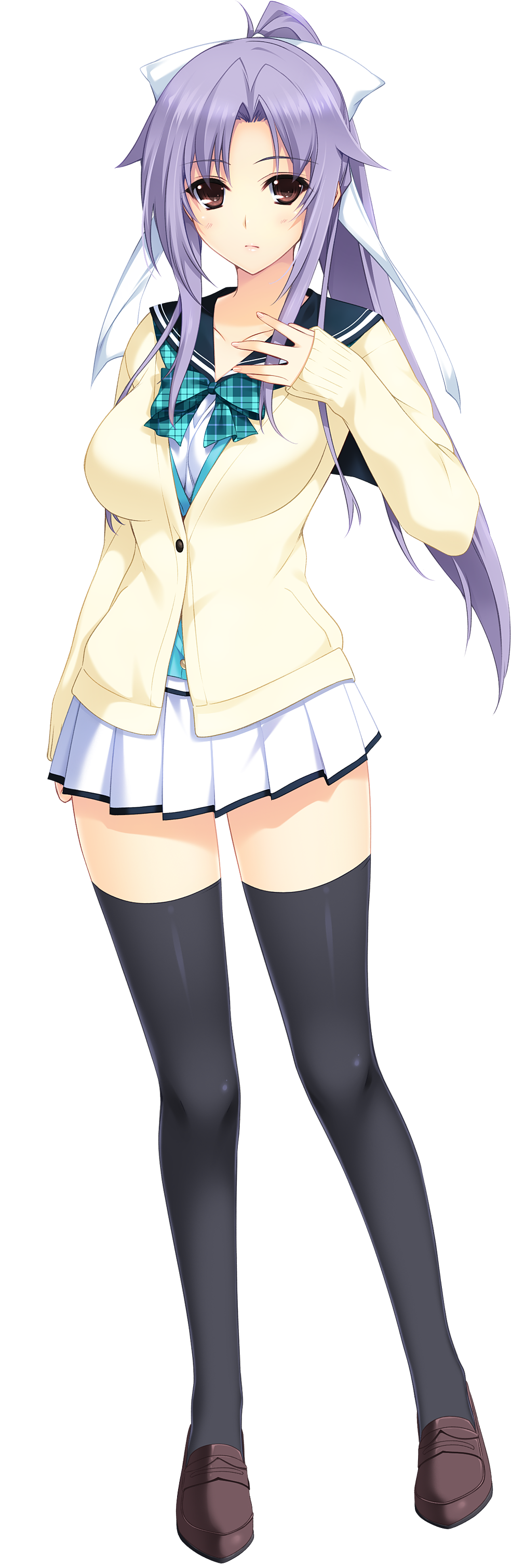 1girl absurdres brown_eyes female_focus full_body highres iizuki_tasuku light_purple_hair looking_at_viewer lovely_x_cation_2 narukawa_hime pleated_skirt ponytail school_uniform skirt smile solo sweater thighhighs transparent_background