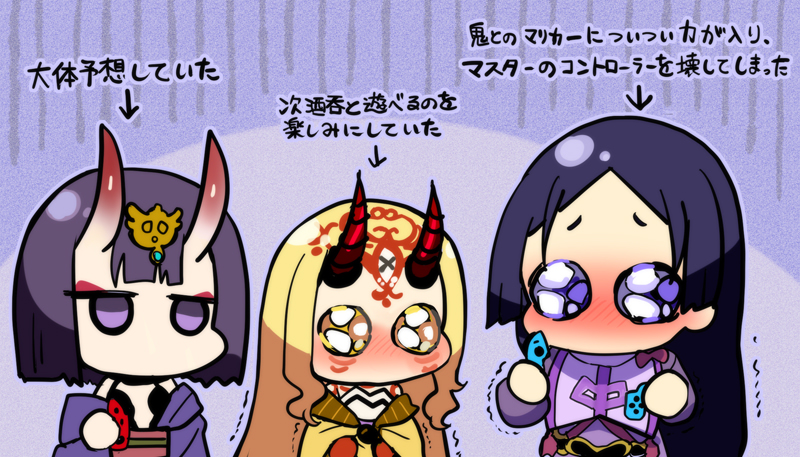 3girls arrow_(symbol) blonde_hair bob_cut broken chibi commentary_request facial_tattoo fate/grand_order fate_(series) forehead_tattoo honchu horns ibaraki_douji_(fate) japanese_clothes jitome joy-con kimono long_hair loose_clothes minamoto_no_raikou_(fate) multiple_girls no_mouth oni purple_eyes purple_hair purple_kimono red_horns shoulder_tattoo shuten_douji_(fate) skin-covered_horns tattoo translation_request trembling yellow_eyes