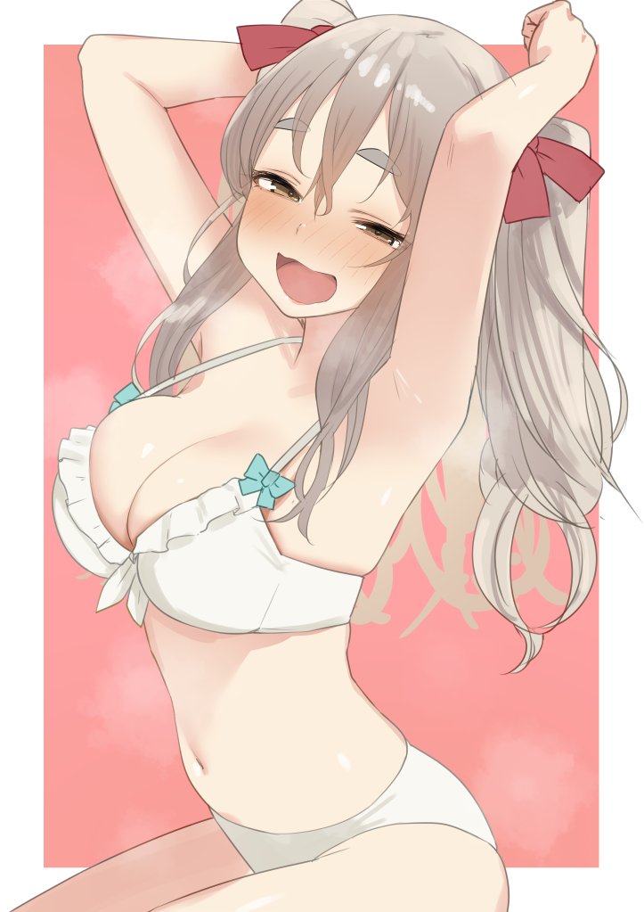 1girl alternate_hairstyle armpits arms_up bikini blush bow breasts brown_eyes cleavage commentary_request grey_hair hair_between_eyes hair_ribbon half-closed_eyes kantai_collection large_breasts long_hair looking_at_viewer open_mouth pola_(kancolle) red_ribbon ribbon sakieko simple_background solo swimsuit two-tone_background two_side_up white_bikini